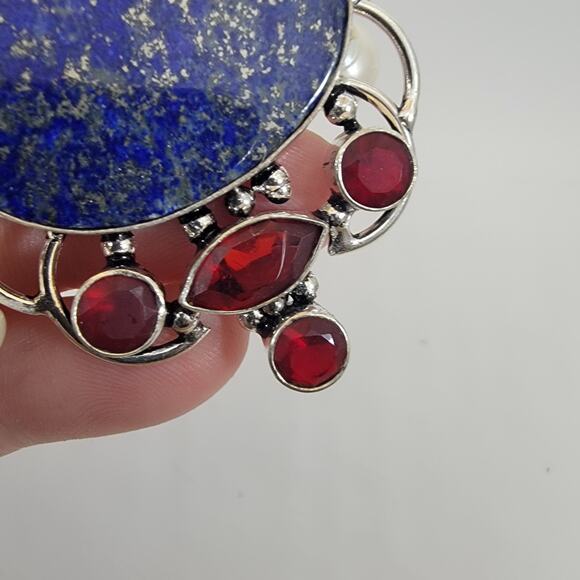 Handmade Sterling Silver Pendant with Lapis Lazuli Garnet Accents and Pearl Drop - Picture 8 of 10